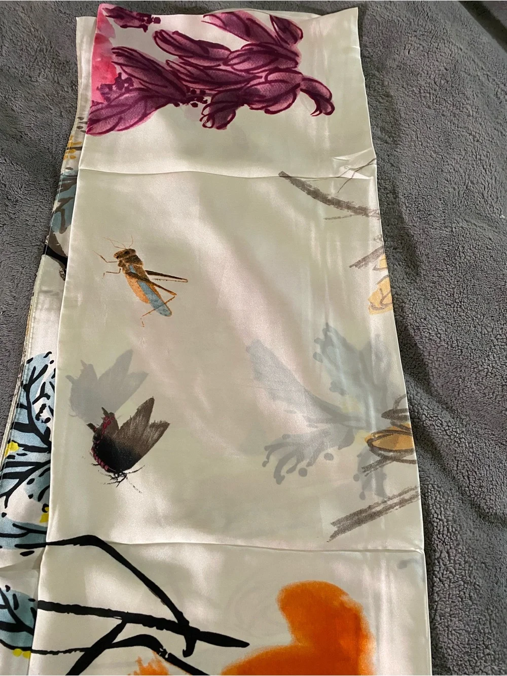 Floral Silk Scarf with Vibrant Orange Bloom size 180X90cm